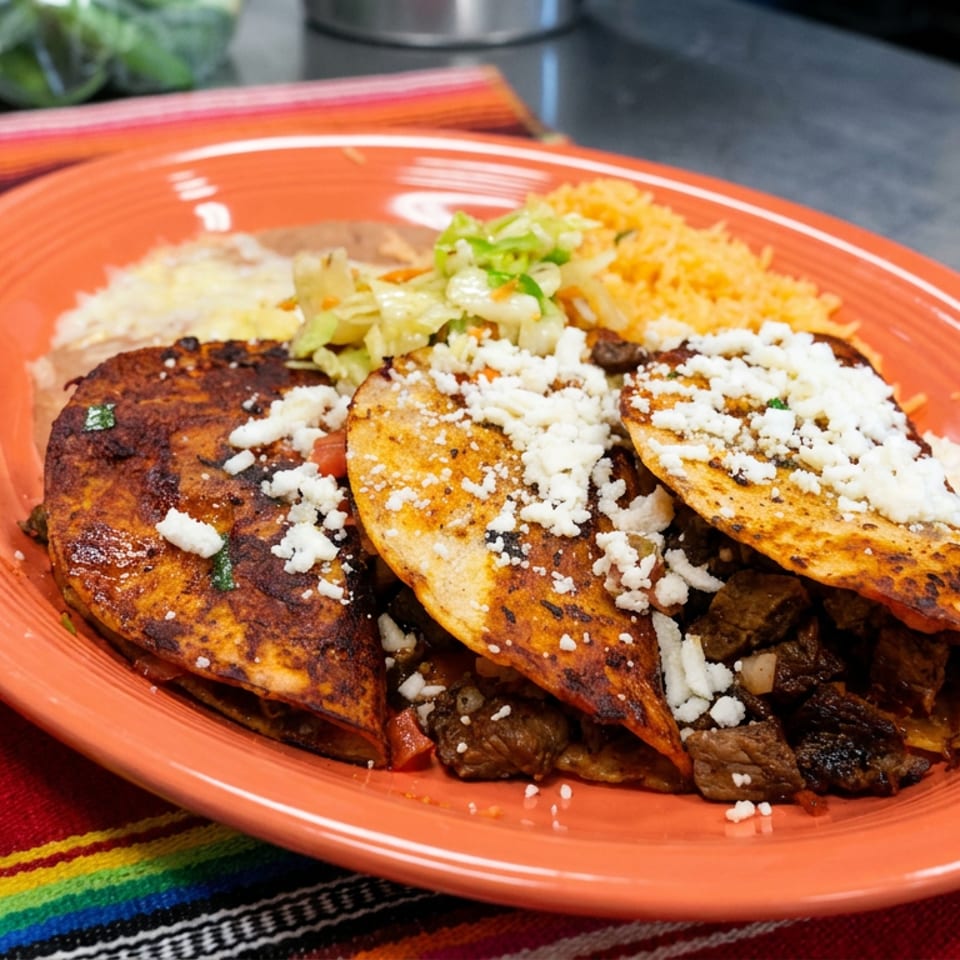 Three golden, cheese-topped tacos filled with grilled meat and served with rice, beans, and lettuce on a colorful Mexican-style textile.