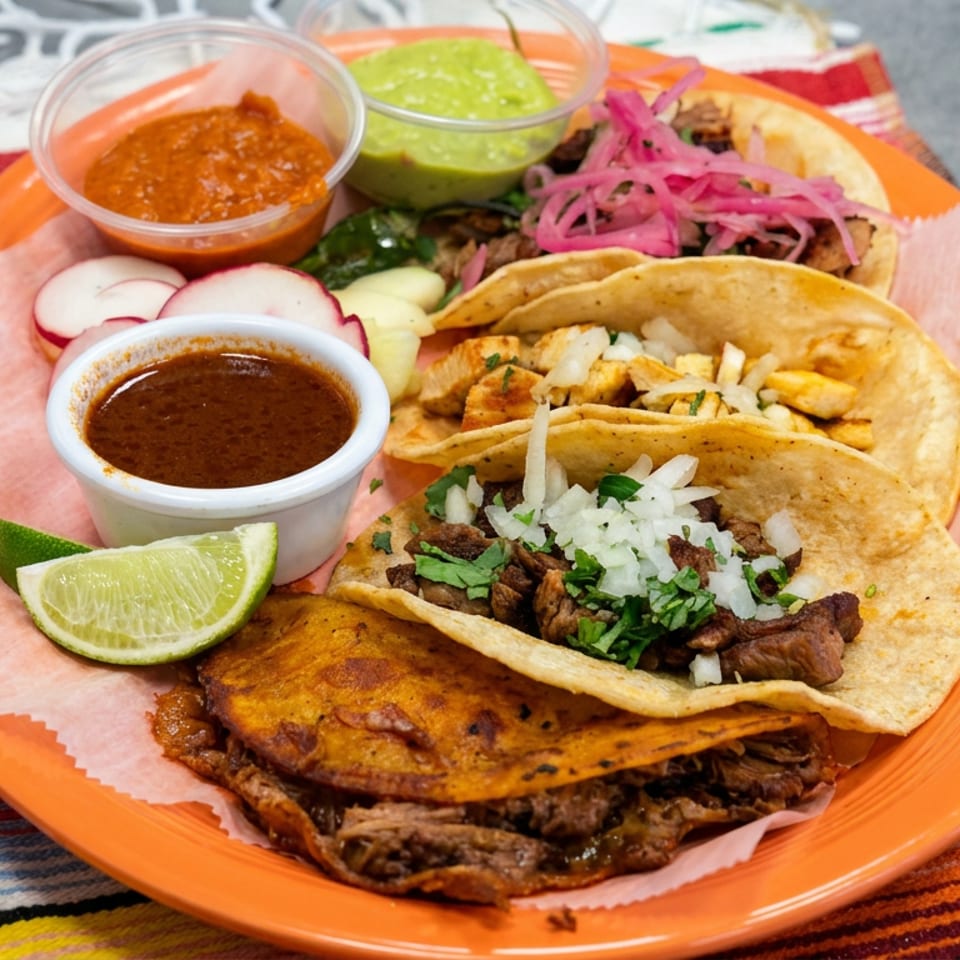 Mexican taco platter with carne asada, quesadilla, consommé, salsa, guacamole, pickled onions, radishes, and lime on a colorful tablecloth.