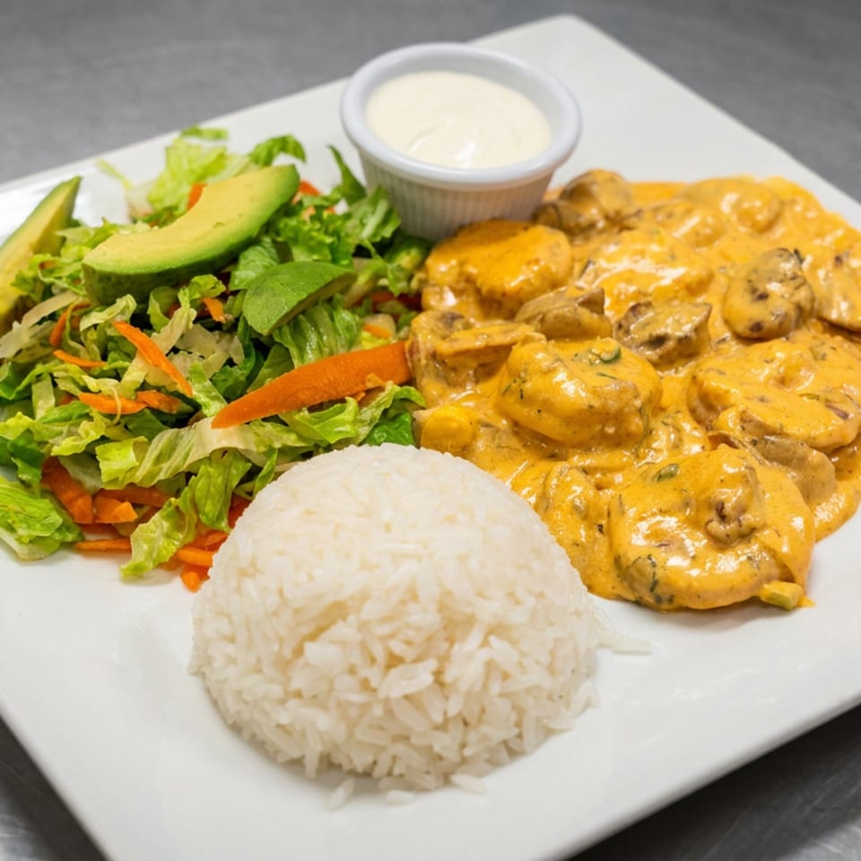 White plate of rice, creamy mushroom sauce, mixed salad with avocado, and a side of dipping sauce.