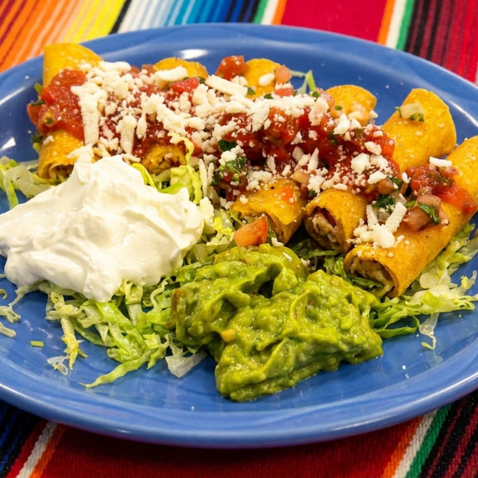 Blue plate of crispy rolled Mexican taquitos topped with salsa and cheese, served with shredded lettuce, guacamole, and sour cream.