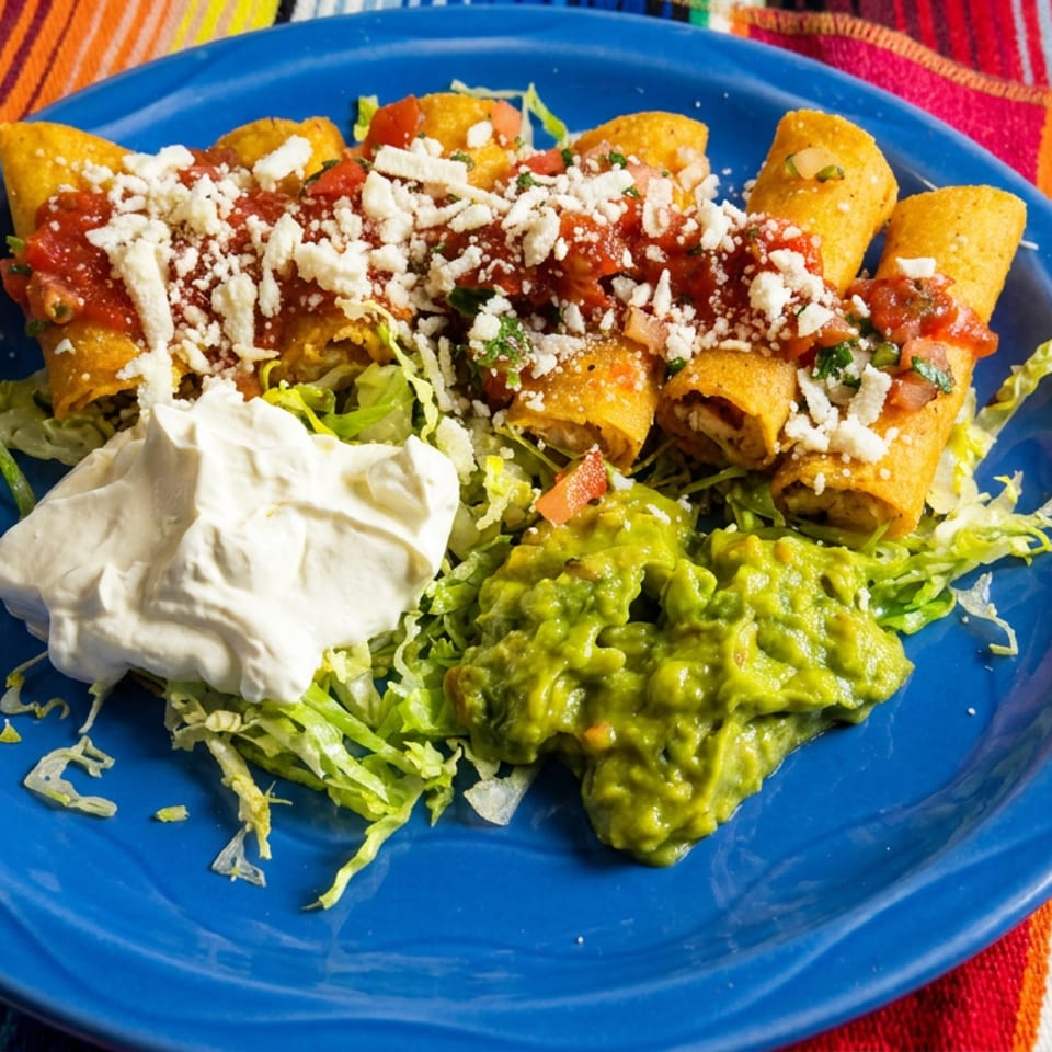 Golden taquitos topped with salsa and cheese, served with shredded lettuce, sour cream, and guacamole on a blue plate.